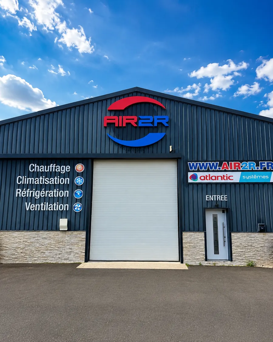 Le dépôt AIR2R à La Rochette, façade bleue avec le logo et les métiers : chauffage, climatisation, réfrigération, ventilation
